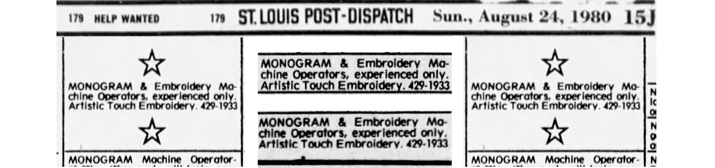 1980 Post-Dispatch classifieds seeking embroidery operators