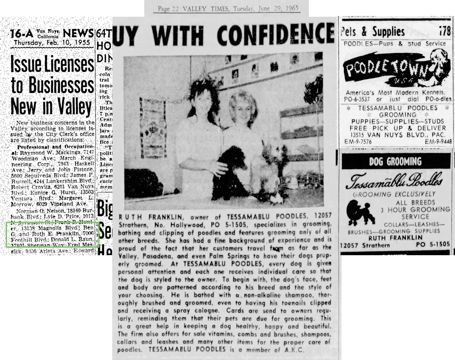 1965 clipping: Ruth Franklin at her poodle-grooming business “Tessamablu Poodles”