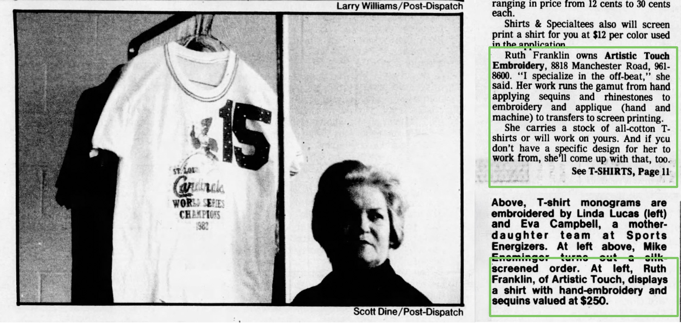 Ruth Franklin with a T-shirt she embellished for the St. Louis Cardinals, 1983